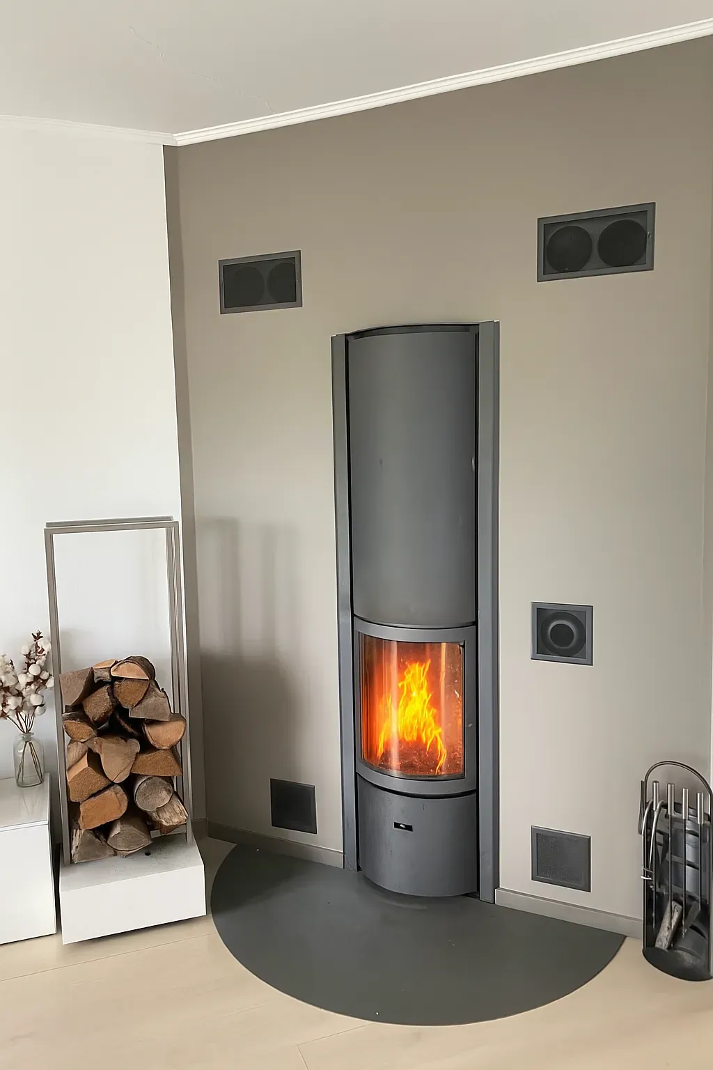 Poêle à bois d'angle installé avec réserve de bûches
